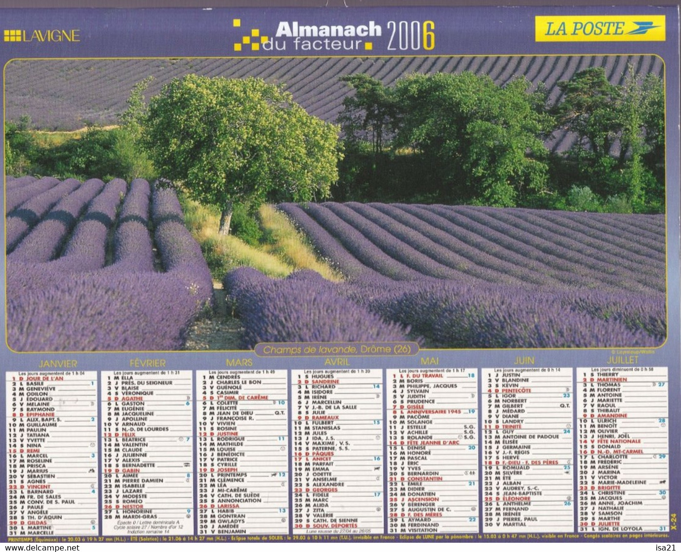 Calendrier De La Poste, Almanach Du Facteur: NORD, 2006: Champs De Lavande, Vaison La Romaine, Ed. Lavigne - Grand Format : 2001-...