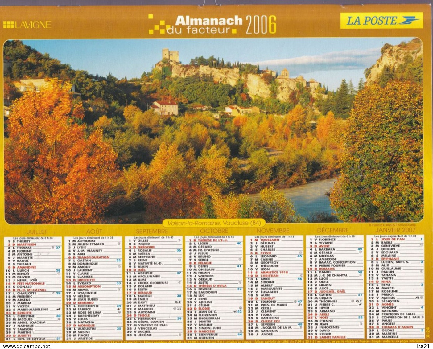 Calendrier De La Poste, Almanach Du Facteur: NORD, 2006: Champs De Lavande, Vaison La Romaine, Ed. Lavigne - Grand Format : 2001-...