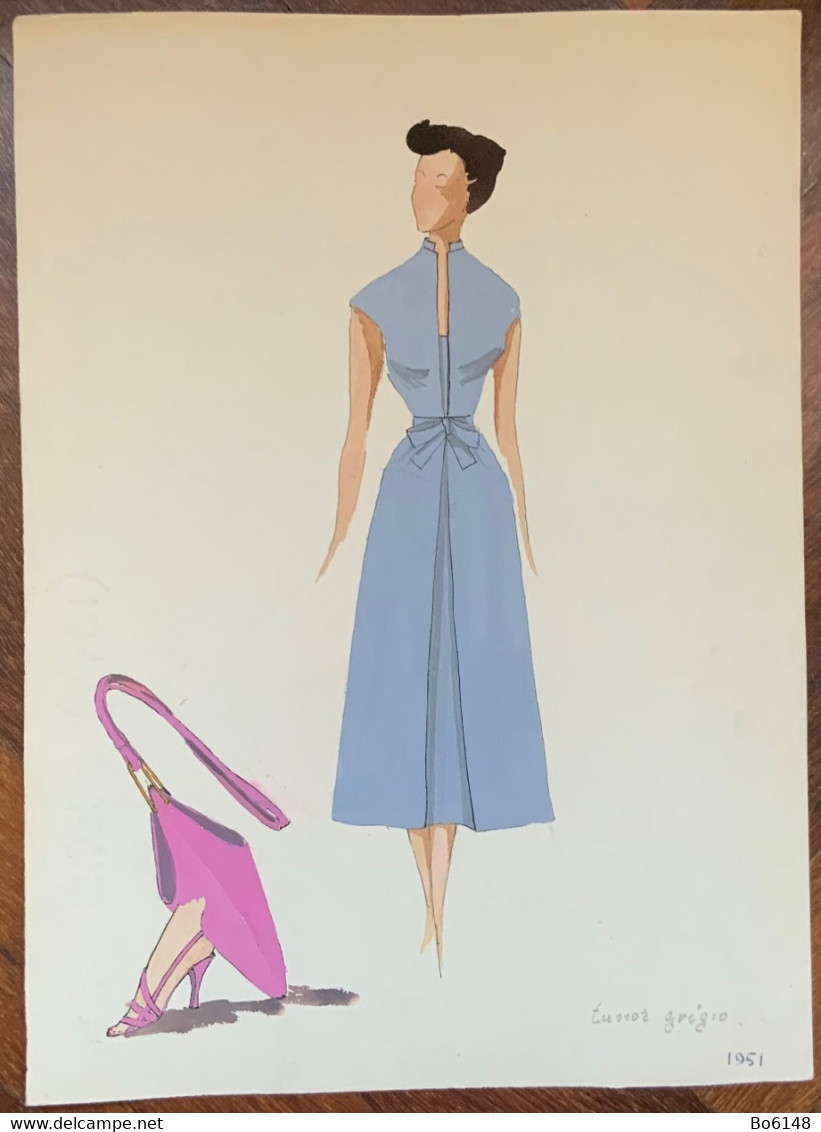 Figurino Di Moda , Abito Borsa Scarpe , Acquerello Originale , Datato 1951 - Dessins