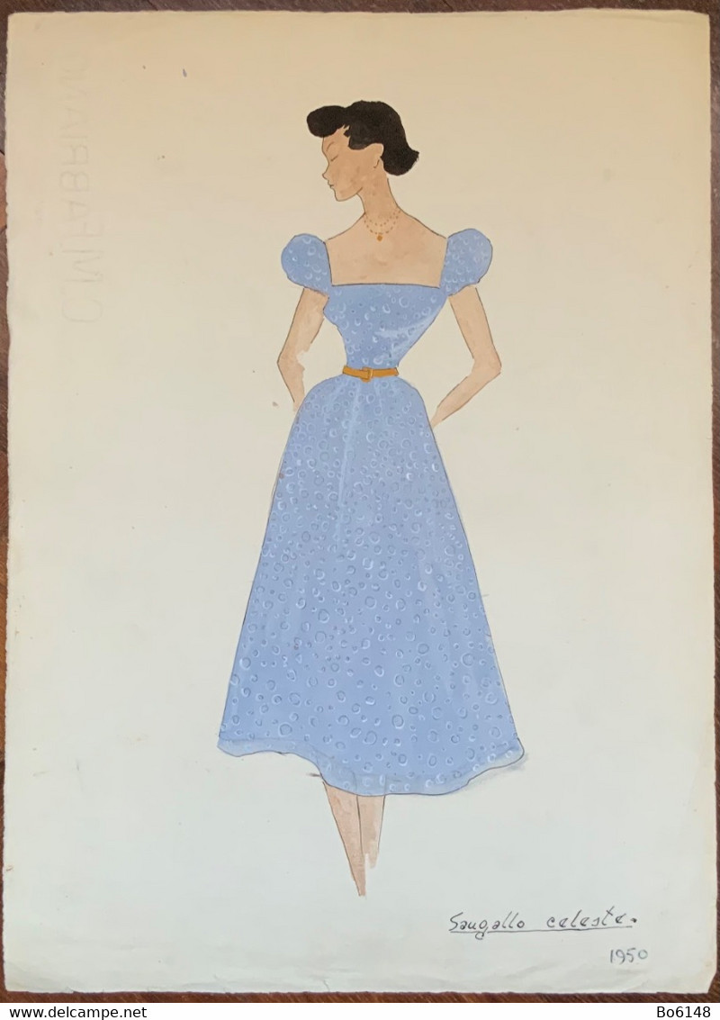 Figurino Di Moda , Abito In Sangallo , Acquerello Originale , Datato 1950 - Dessins