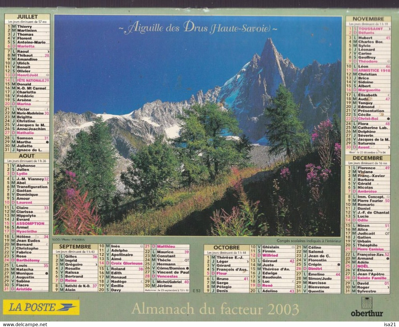 Calendrier De La Poste, Almanach Du Facteur: JURA, 2003: La Clusaz, L'Aiguille Des Drus (74) , Ed. Oberthur - Grand Format : 2001-...
