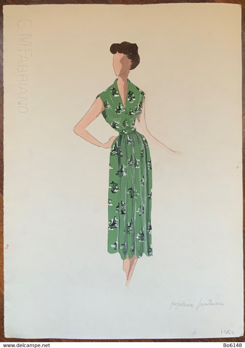 Figurino Di Moda , Abito Verde Fantasia , Acquerello Originale , Datato 1950 - Dessins