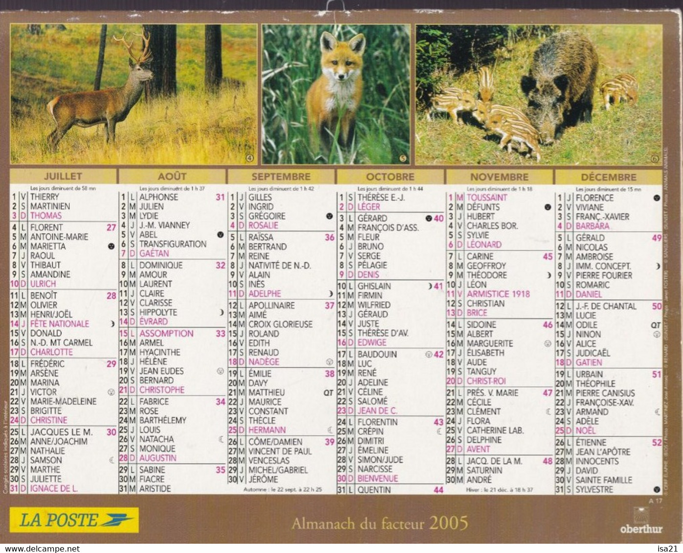 Calendrier De La Poste, Almanach Du Facteur: ALPES-MARITIMES, 2005: Animaux De La Forêt , Ed. Oberthur - Grand Format : 2001-...