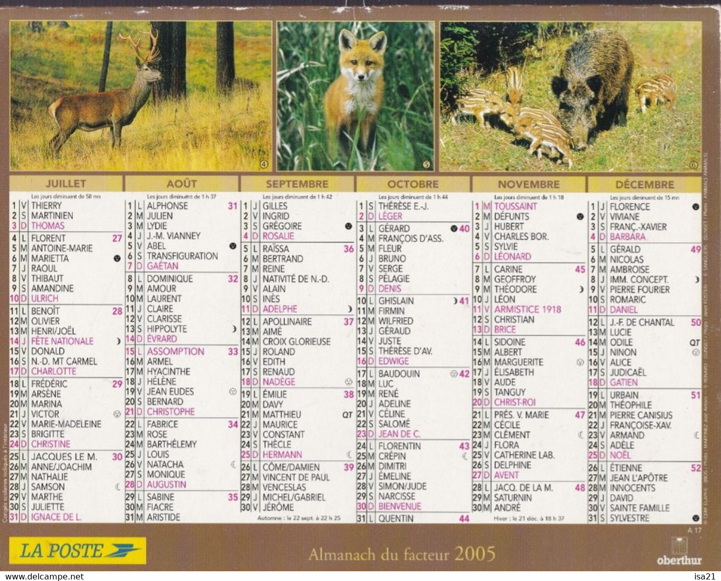 Calendrier De La Poste, Almanach Du Facteur: ALPES-MARITIMES, 2005: Animaux De La Forêt , Ed. Oberthur - Grand Format : 2001-...