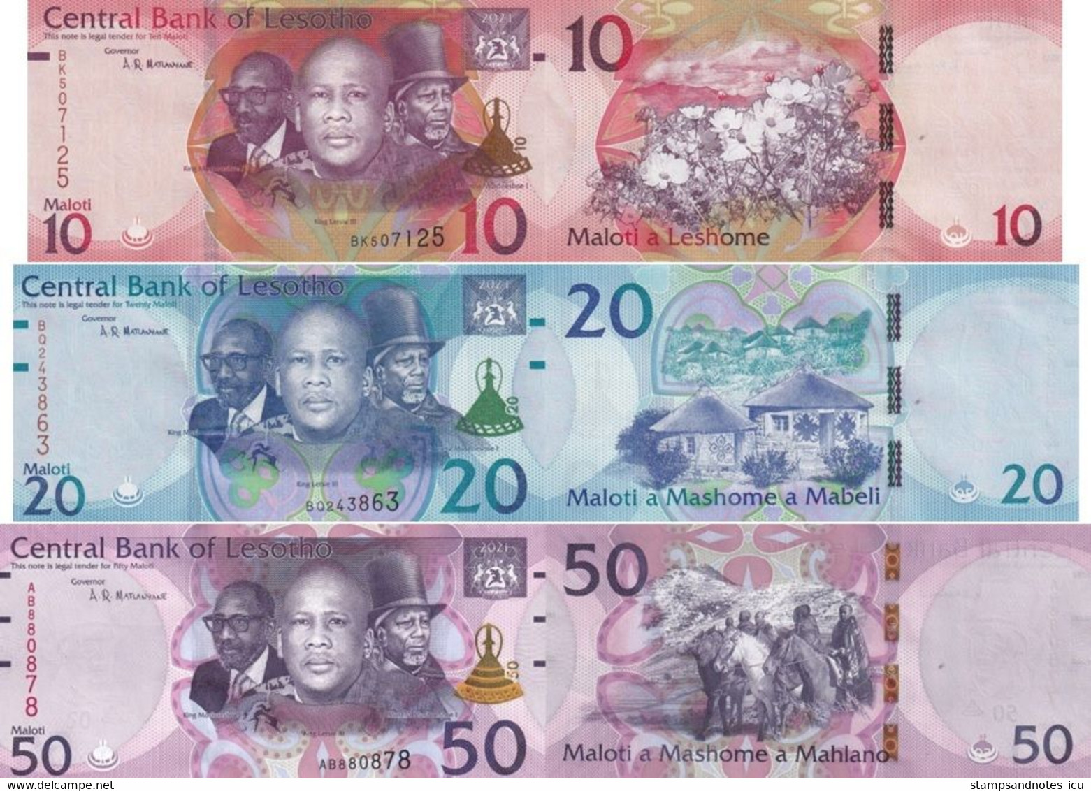 LESOTHO 10 20 50 Maloti 2021 P 21 22 23 UNC Set Of 3 Banknotes - Lesoto