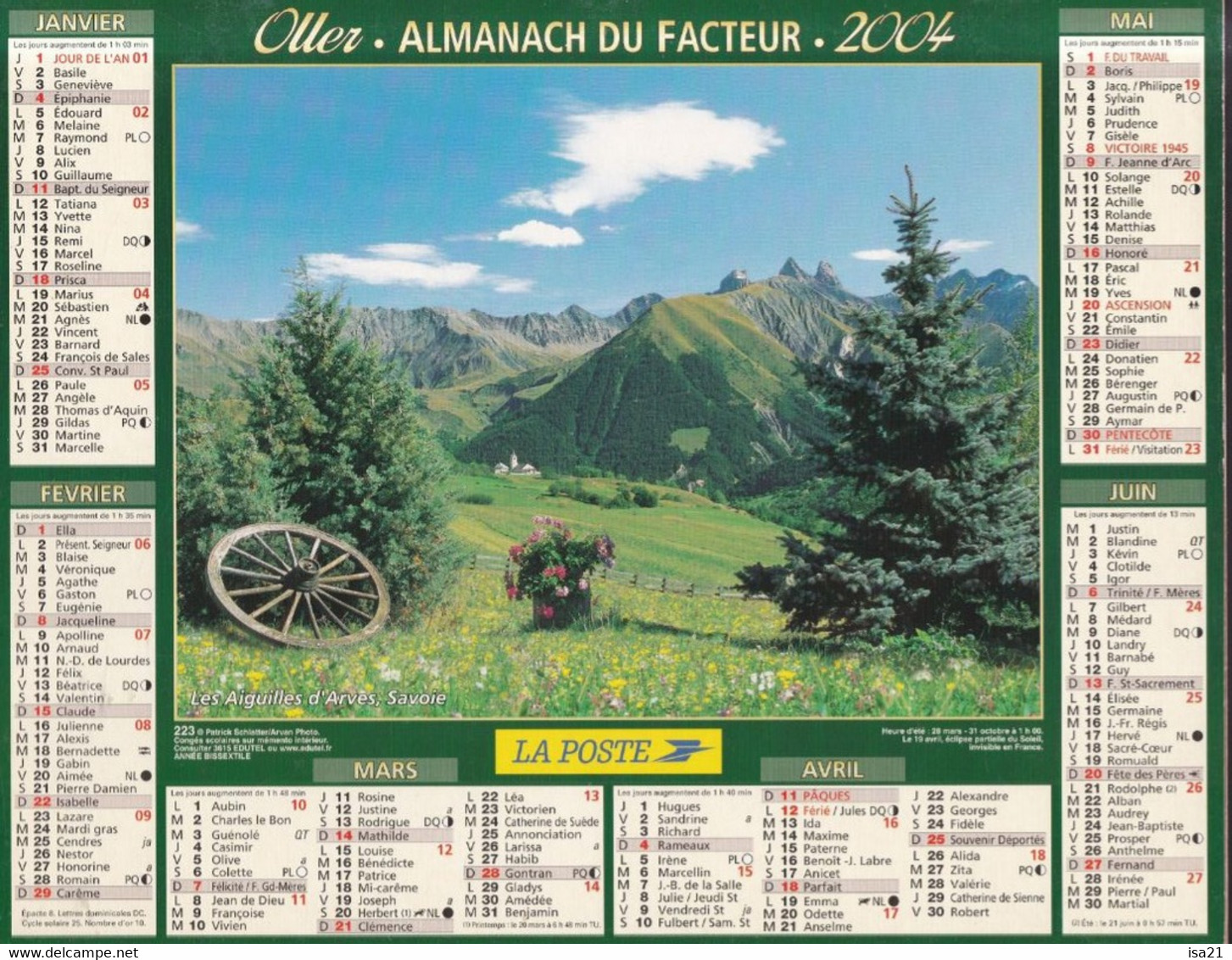 Calendrier De La Poste, Almanach Du Facteur: SEINE St DENIS, 2004: LES HOUCHES, Les Aiguille D'Arves, Ed. Oller - Grand Format : 2001-...