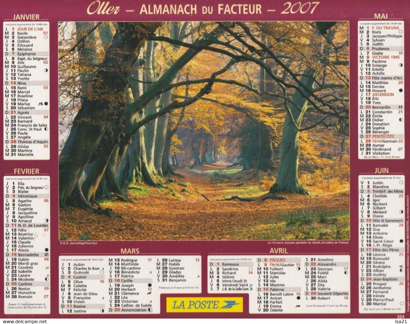 Calendrier De La Poste, Almanach Du Facteur: YONNE, 2007: Parc Naturel Du Haut-Jura, Forêt, Ed. Oller - Grand Format : 2001-...