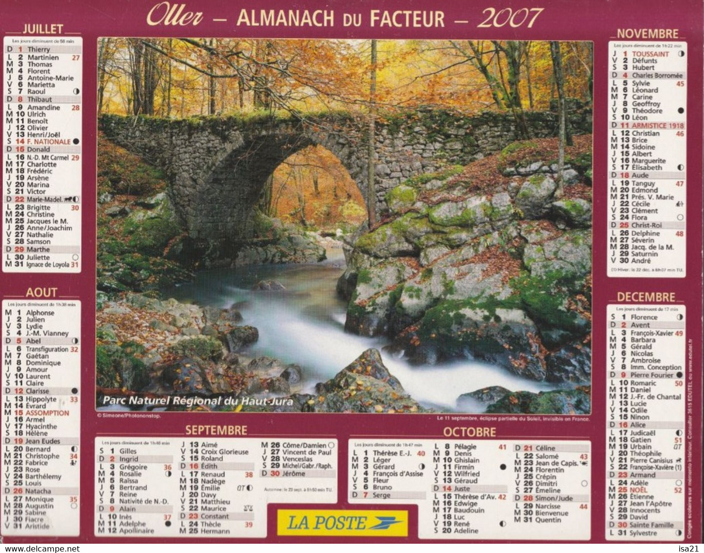 Calendrier De La Poste, Almanach Du Facteur: YONNE, 2007: Parc Naturel Du Haut-Jura, Forêt, Ed. Oller - Grand Format : 2001-...