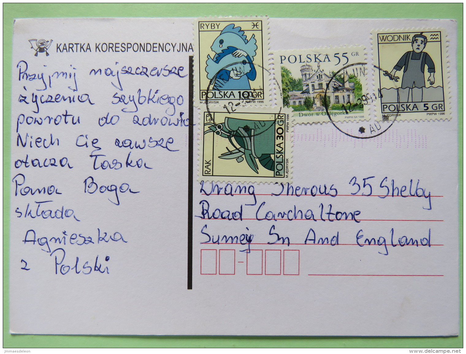 Poland 1999 Postcard Wielun To England - Country Estates Oblegorku - Zodiac Pisces Aquarius - Briefe U. Dokumente