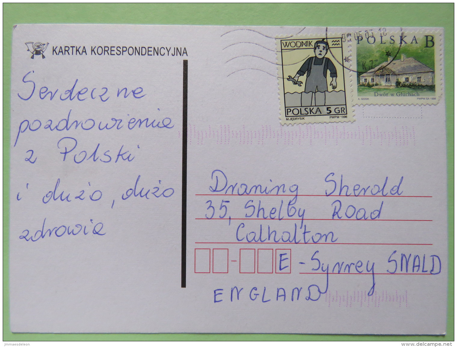 Poland 1999 Postcard To England - Country Estates Gluchach - Zodiac Aquarius - Lettres & Documents