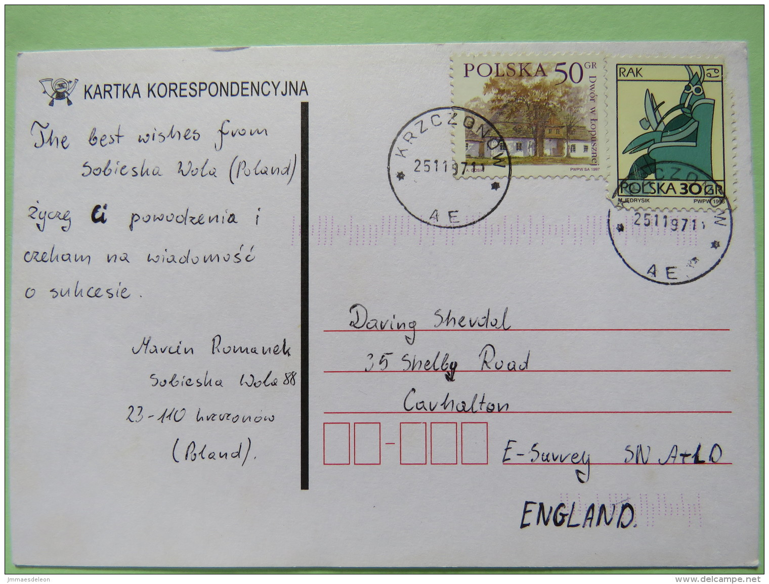 Poland 1997 Postcard Krzczonow To England - Country Estates Lopusznej - Zodiac Cancer - Storia Postale