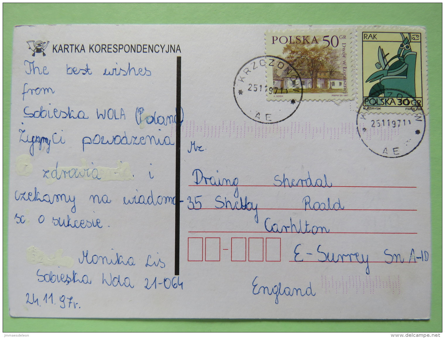 Poland 1997 Postcard Krzczonow To England - Country Estates Lopusznej - Zodiac Cancer - Briefe U. Dokumente