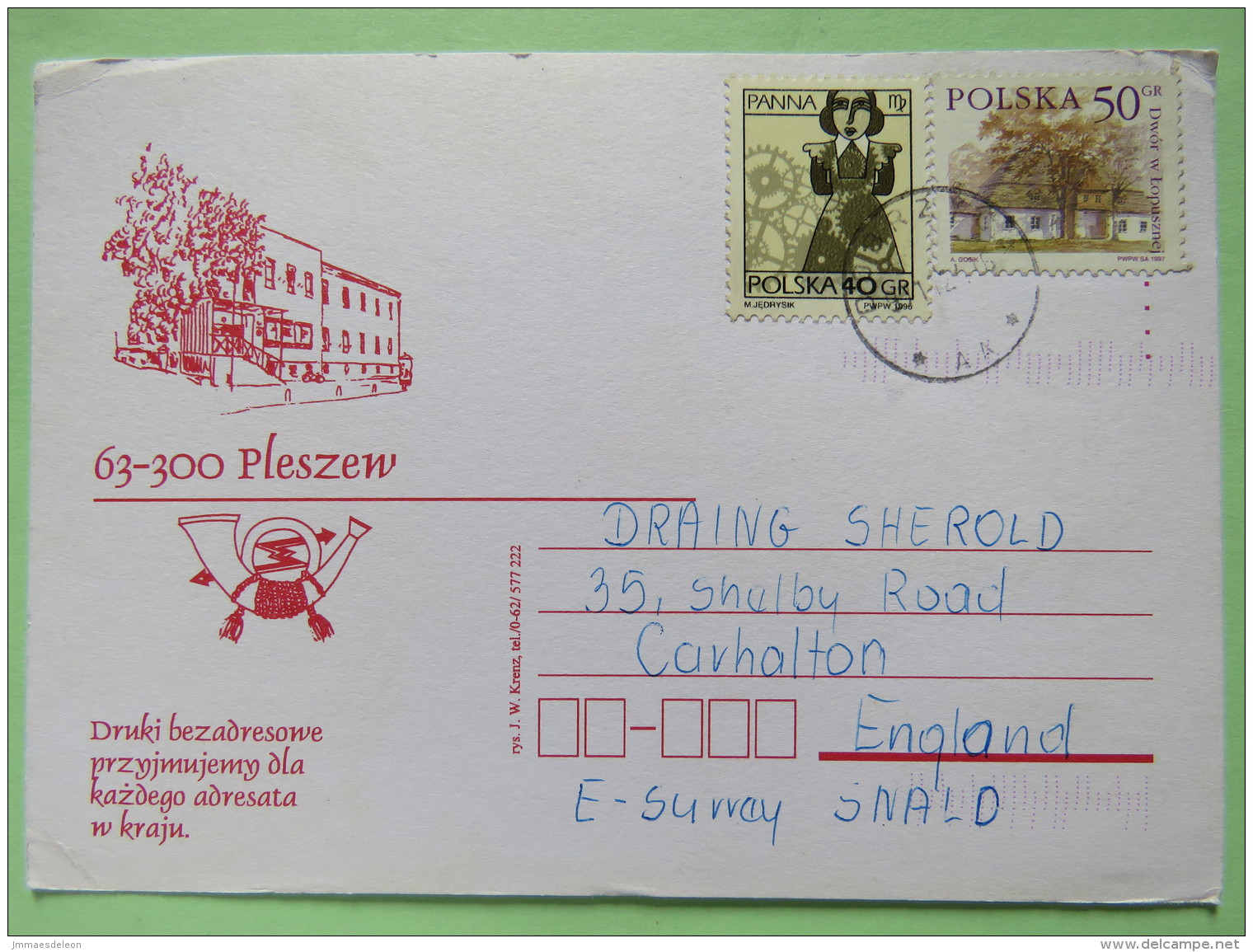 Poland 1997 Postcard To England - Country Estates Lopusznej - Zodiac Virgo - Brieven En Documenten
