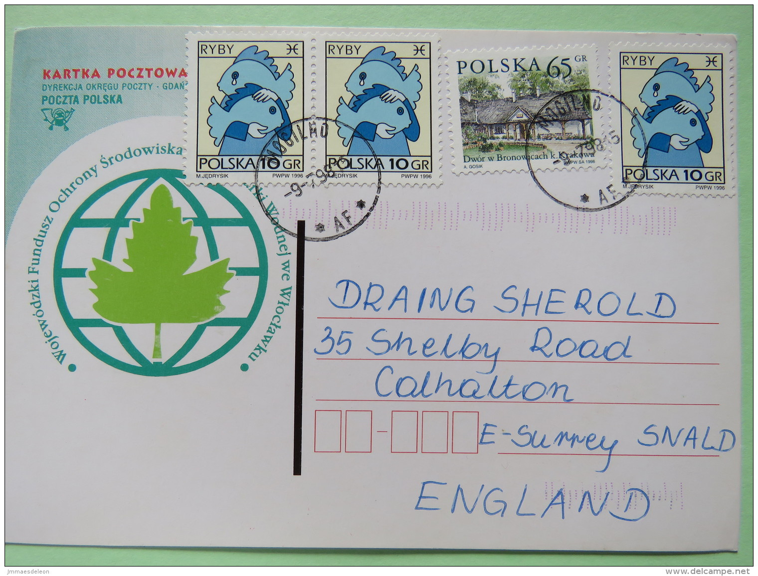 Poland 1998 Postcard Green Leaf - Mogilno To England - Country Estates Bronowicach - Zodiac Pisces - Cartas & Documentos