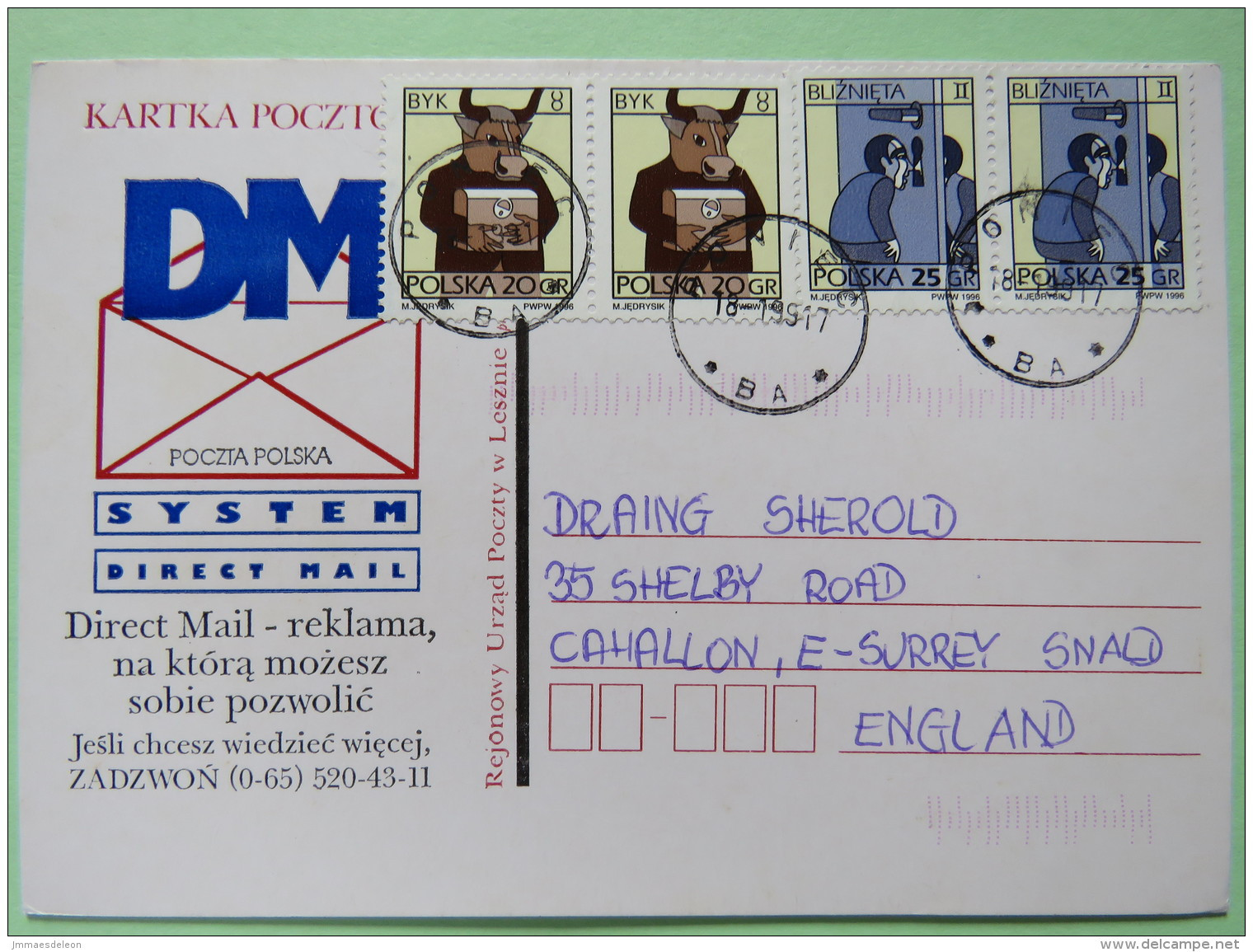 Poland 1999 Postcard Direct Mail - Poniec To England - Zodiac Taurus Gemini - Storia Postale