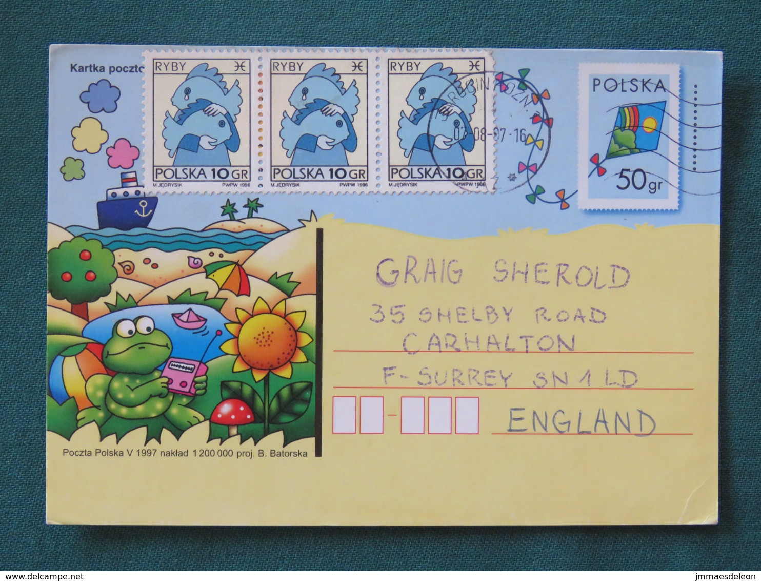 Poland 1997 Stationery Postcard To England - Frog Cartoon - Zodiac Pisces - Storia Postale