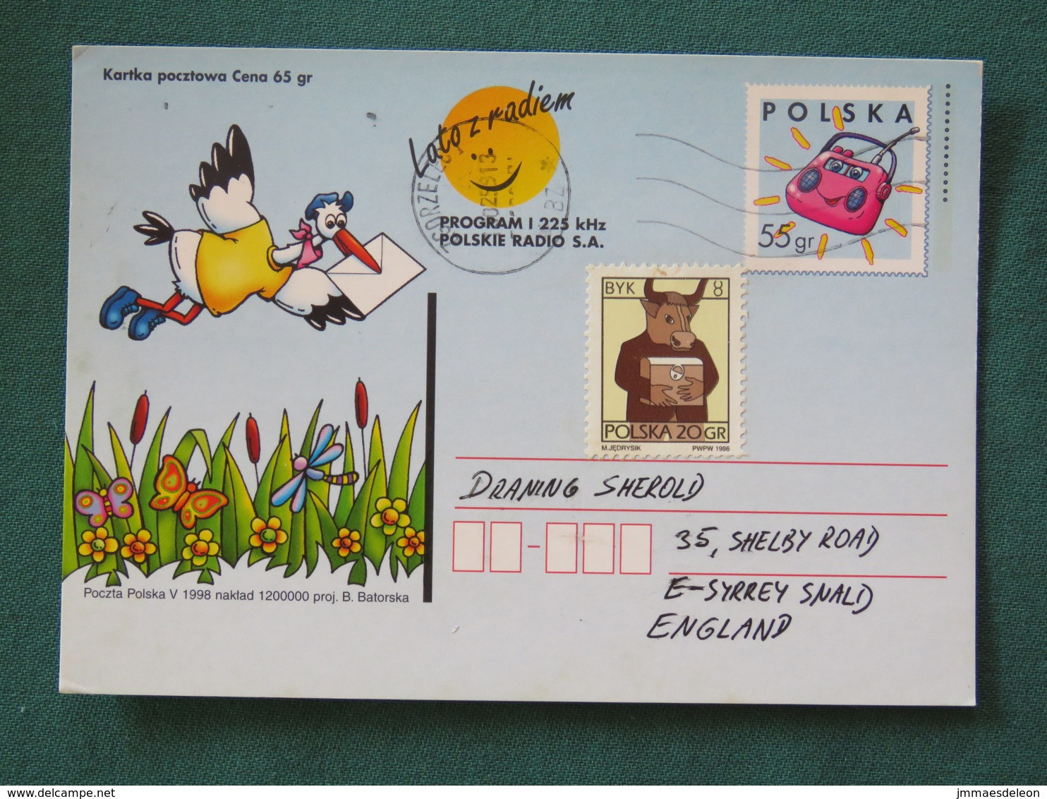 Poland 1999 Stationery Postcard To England - Pond Insects Stork Bird - Radio - Zodiac Taurus - Covers & Documents