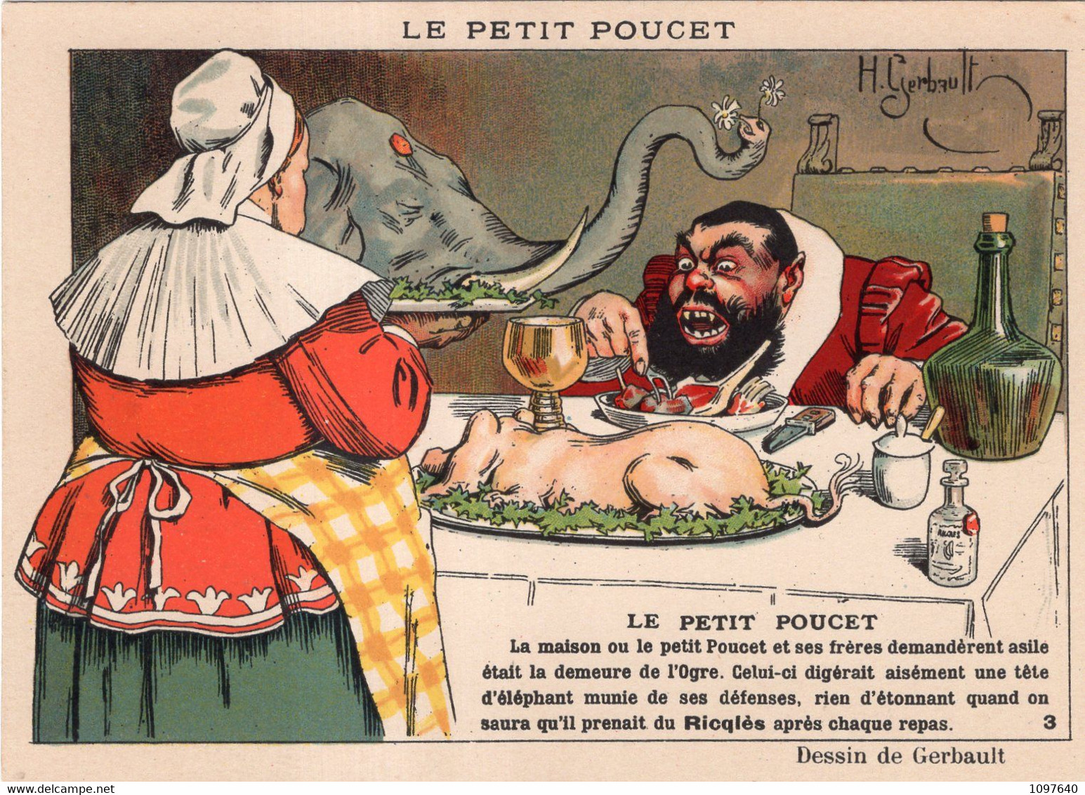 N°3 : Le Petit Poucet, Dessin De H.GERBAULT Carte Signée, Petit Texte Et Publicité De RICQLES - Collections