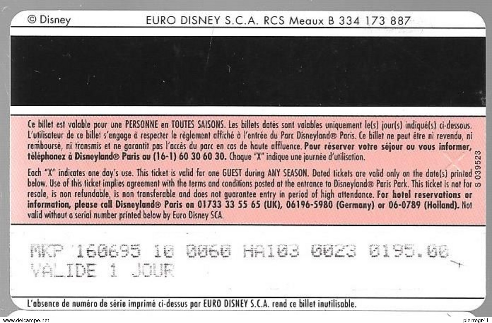 PASS-DISNEYLANDPARIS -1996-SPACE MOUNTAIN-ADULTE-V° N° S 039523 VERTICAL A Droite-VALIDE 1 JOUR--TBE- - Passaporti  Disney