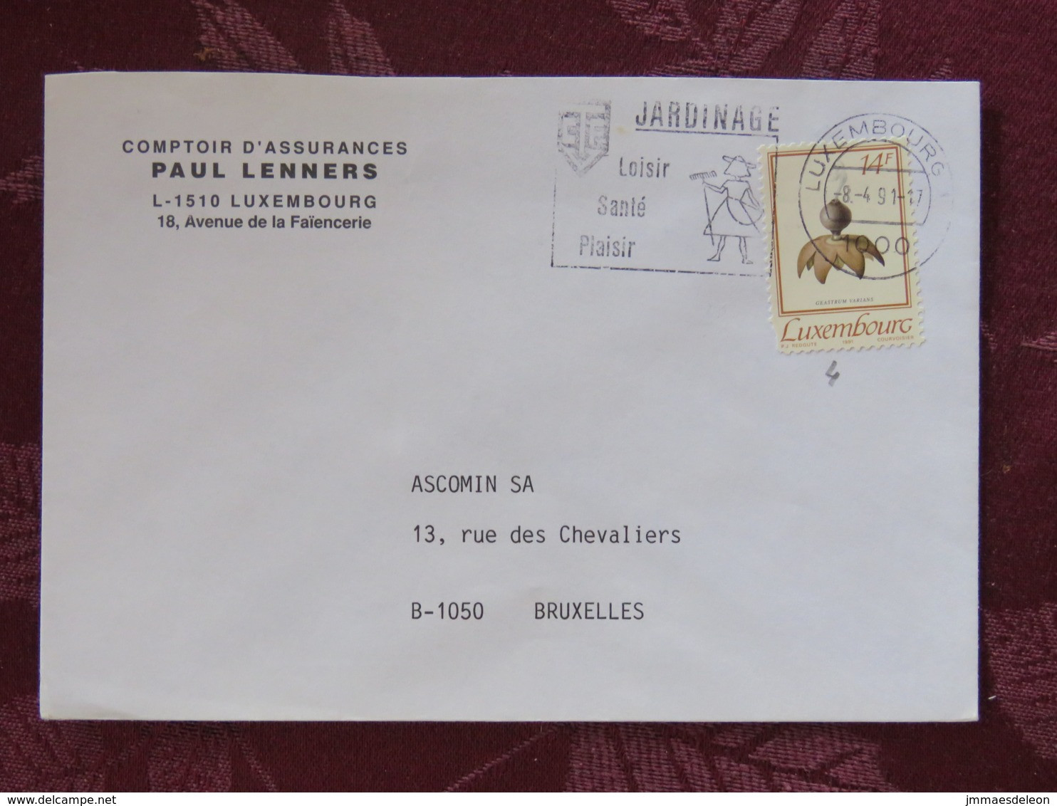Luxemburg 1991 Cover Luxembourg To Belgium - Mushroom (damaged) - Gardening Slogan - Briefe U. Dokumente