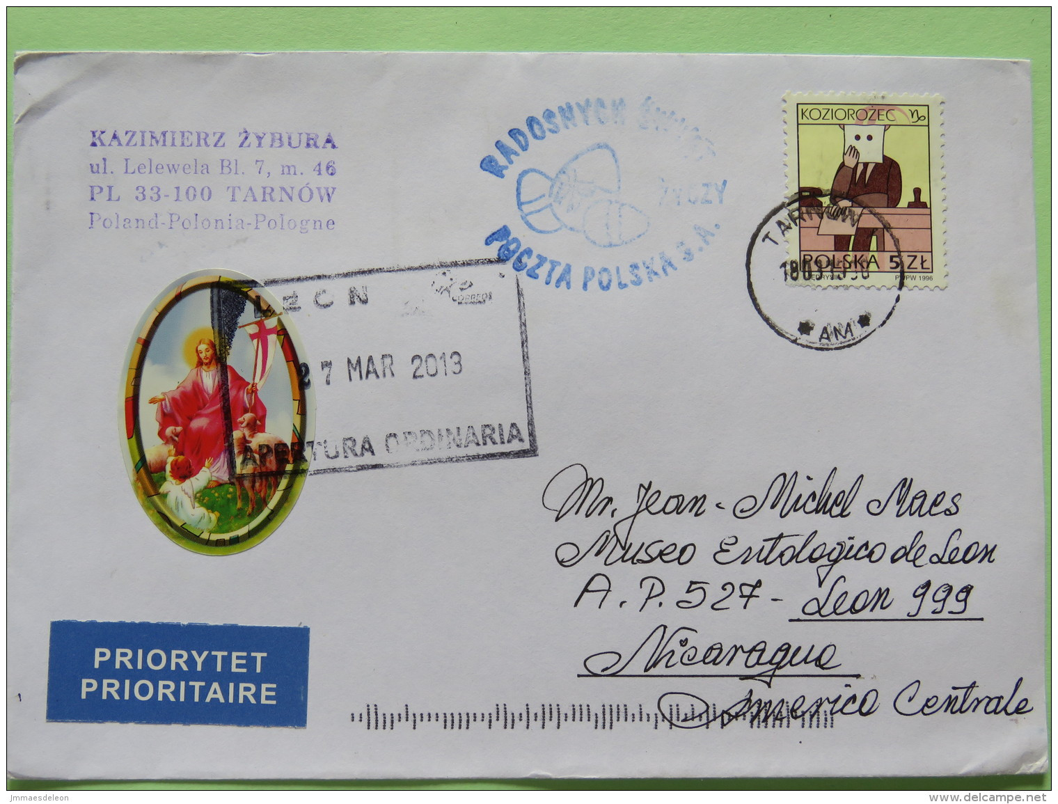 Poland 2013 Cover Tarnow To Nicaragua - Easter Christ Label - Zodiac - Paintings On Back - Virgin Fruits Flowers - Cartas & Documentos
