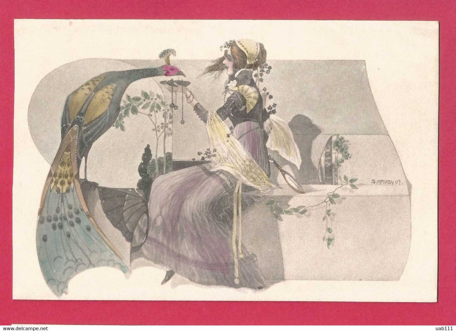 1907, Sergius HRUBY. Femme Art Nouveau Et PAON. - Altri & Non Classificati