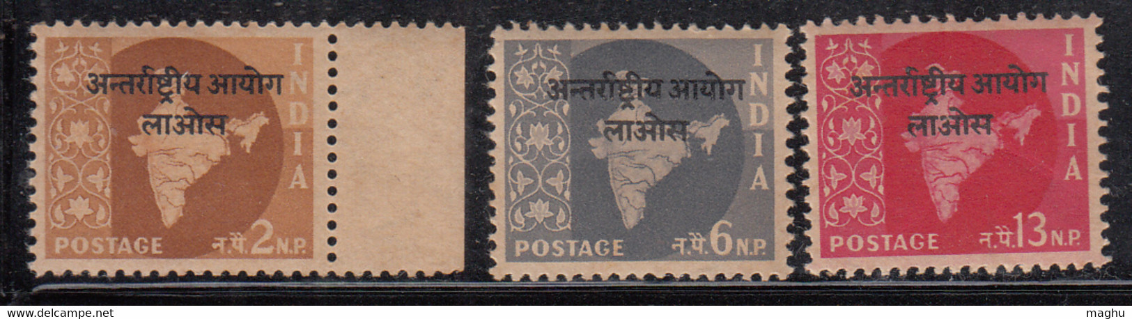 Star Watermark Series, Laos Opt. On 3v Map, India MNH 1957 - Franchise Militaire