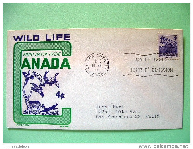 Canada 1956 FDC Cover To USA - Caribou - Ducks Fox Peacock Deer In Illustration - Cartas & Documentos