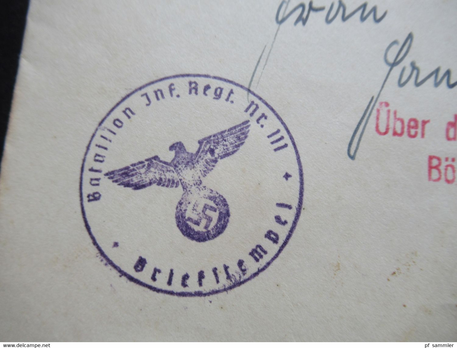 3.Reich Feldpost 2.WK Prag 1940 Roter Stempel L2 Über Deutsche Dienstpost Böhmen / Mähren U. Bataillon Inf. Rgt. Nr. 111 - Briefe U. Dokumente