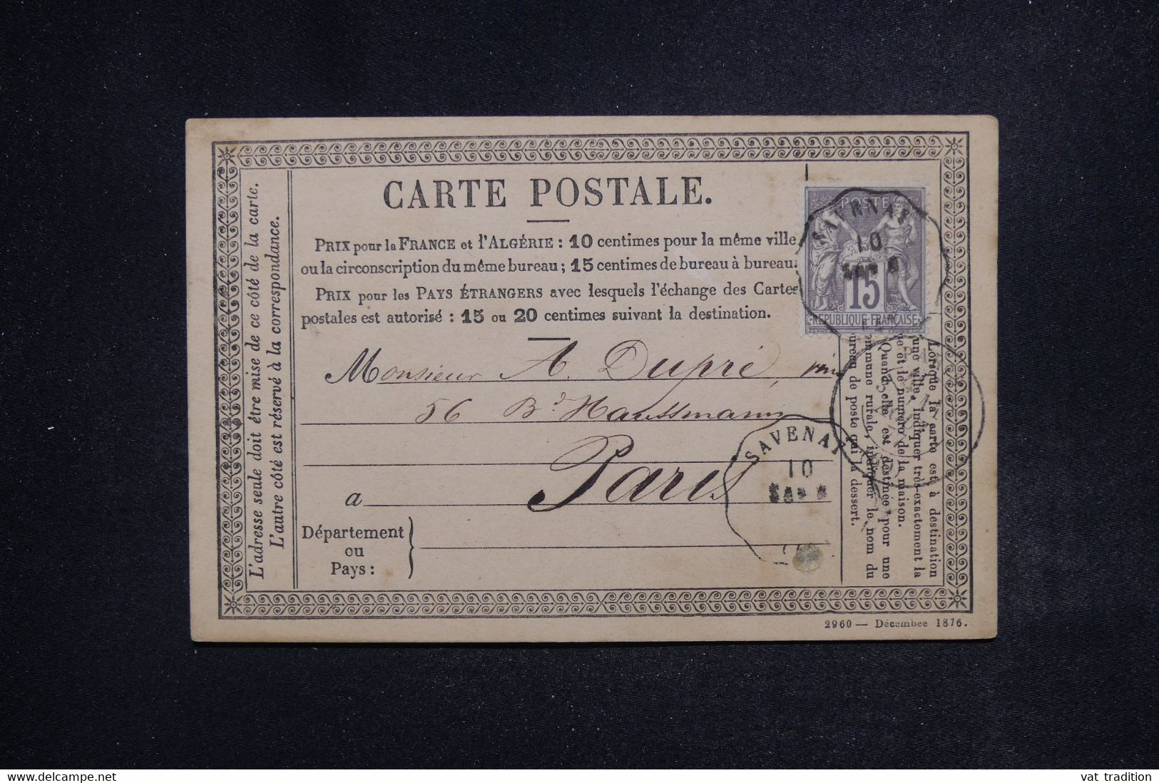 FRANCE - Carte Précurseur De Savonay Pour Paris En 1877 Avec Cachet Convoyeur Sur Type Sage 15ct - L 122267 - Vorläufer