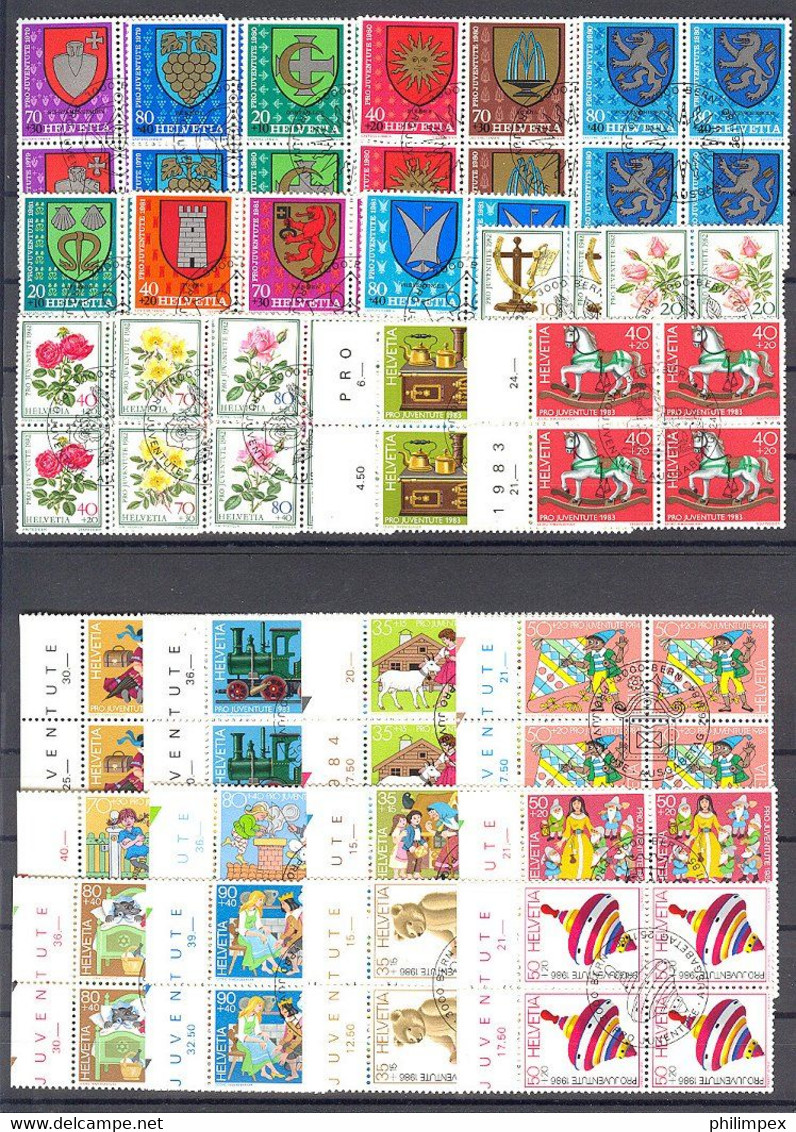 SWITZERLAND - SUPERB  COLLECTION ~1976-1999 - ALL USED BLOCKS OF 4! - Lots & Kiloware (mixtures) - Min. 1000 Stamps