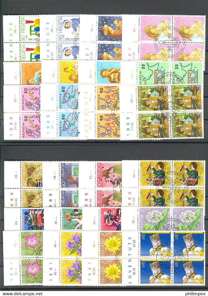 SWITZERLAND - SUPERB  COLLECTION ~1976-1999 - ALL USED BLOCKS OF 4! - Lots & Kiloware (mixtures) - Min. 1000 Stamps