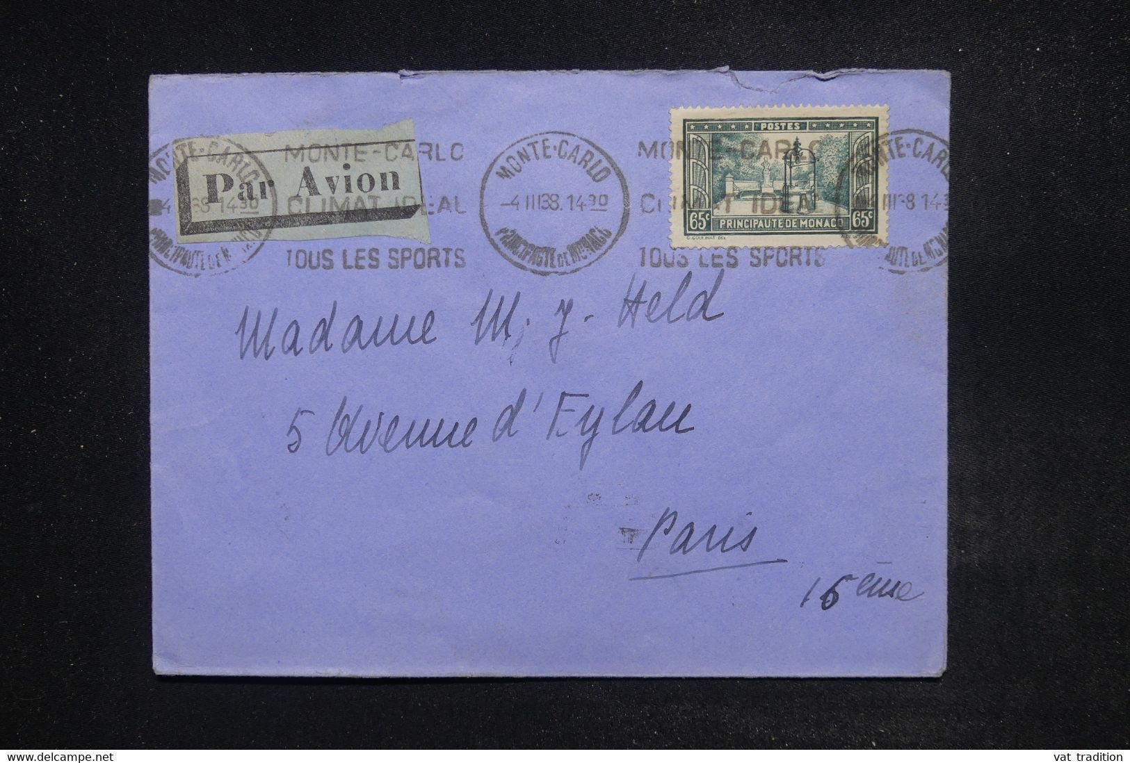 MONACO - Enveloppe De Monaco Par Avion Pour Paris En 1938 - L 122312 - Cartas & Documentos