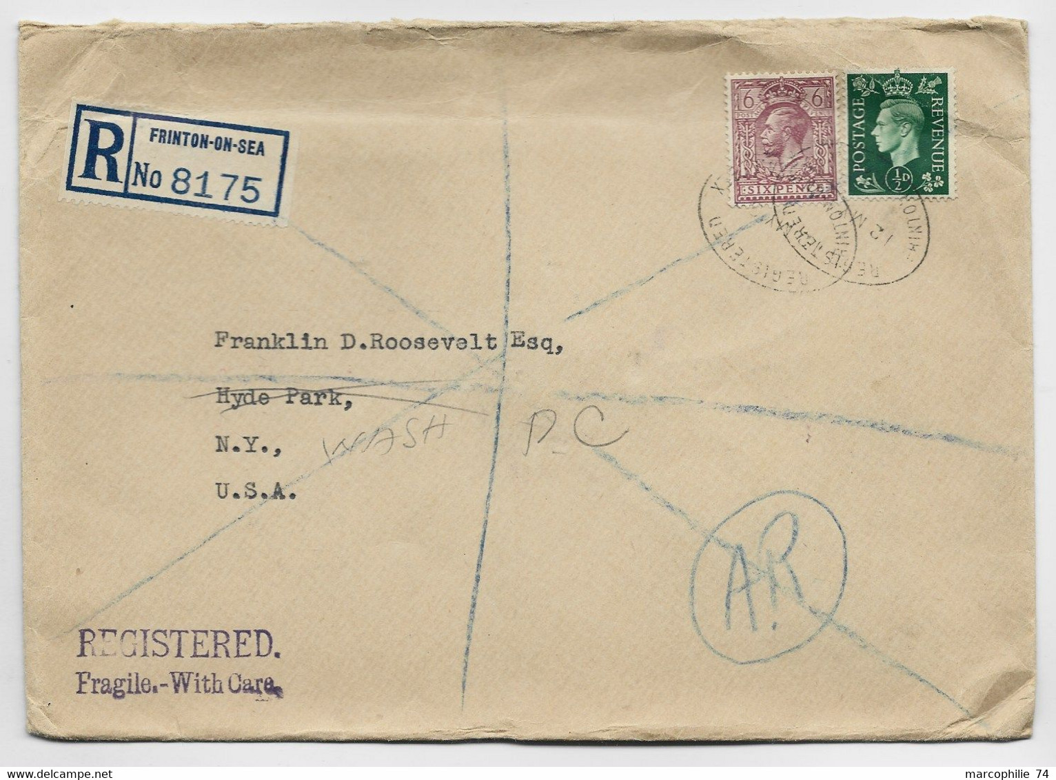 ENGLAND SIX PENCE + 1/2D LETTRE COVER REC FRONTON ON SEA 1937 TO  PRESIDENT USA FRANKLIN ROOSEVELT USA - Brieven En Documenten