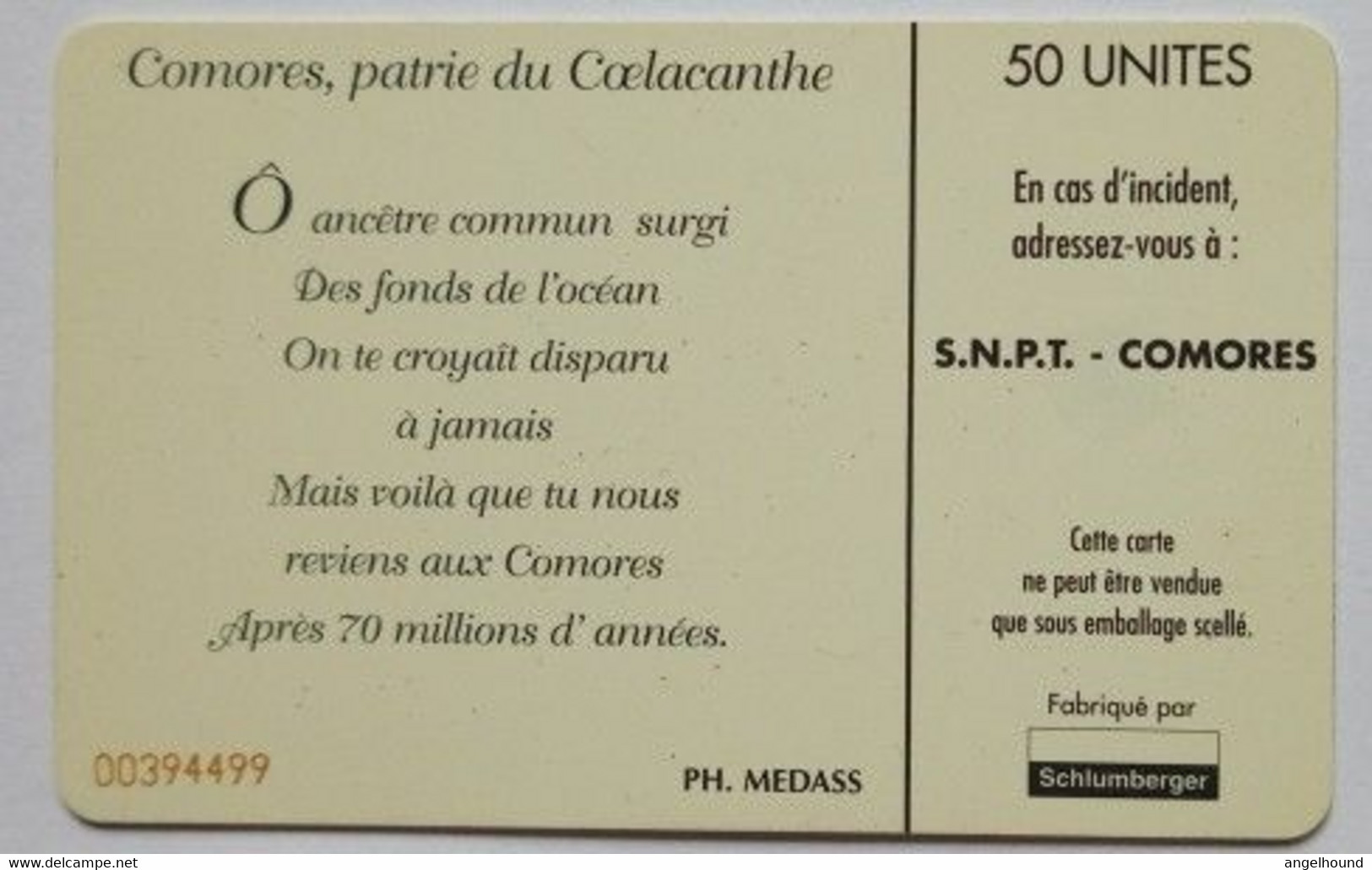 Comoros SNPT 50 Units Coelacanthe ( Fish ) - Comores