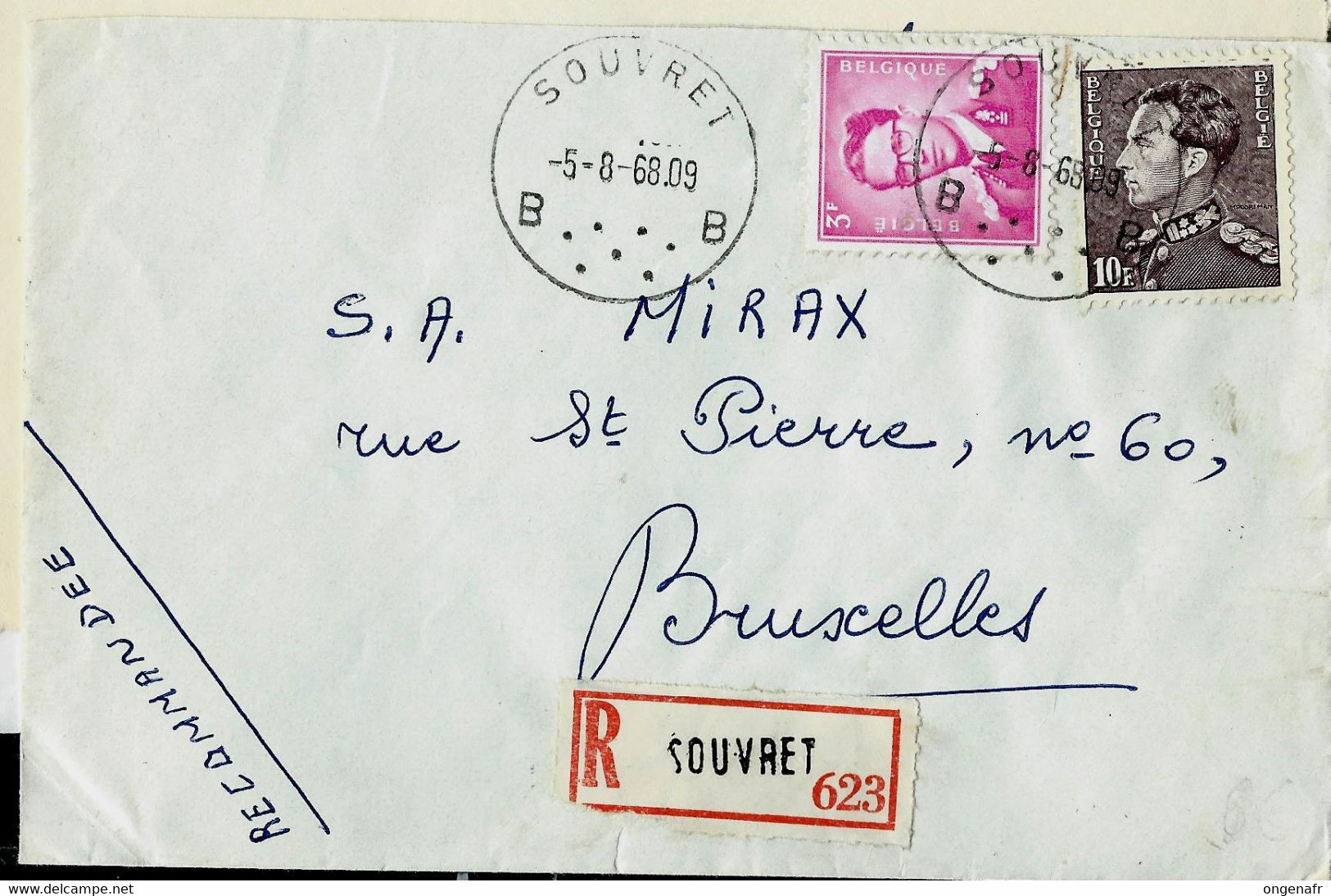 Lettre Entière Obl. SOUVRET - B B - 05/08/68 En Rec.  ( " Lunettes " ) - Poste Rurale