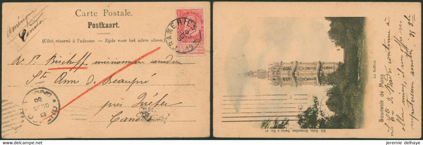 DESTINATION - N°58 Sur CP Vue Expédiée De Frameries (1910) > Québec (Canada) + Arrivée - Posta Rurale