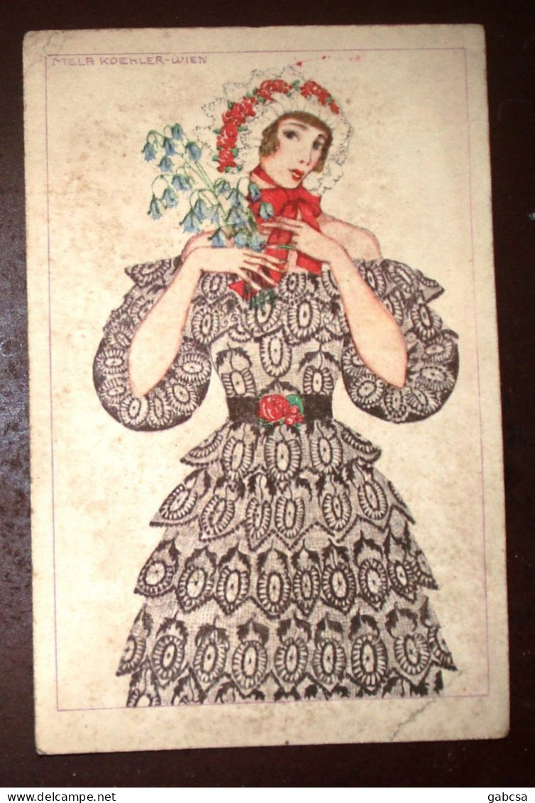 Mela Koehler Lady With Flowers Art Deco PC Signed - Koehler, Mela