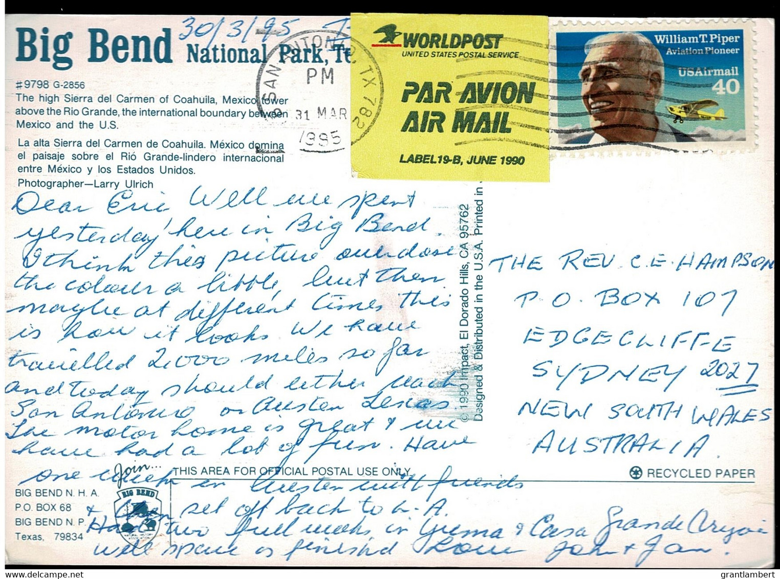 Big Bend National Park, Texas, United States - Posted 1995 To Australia With Stamp - Big Bend