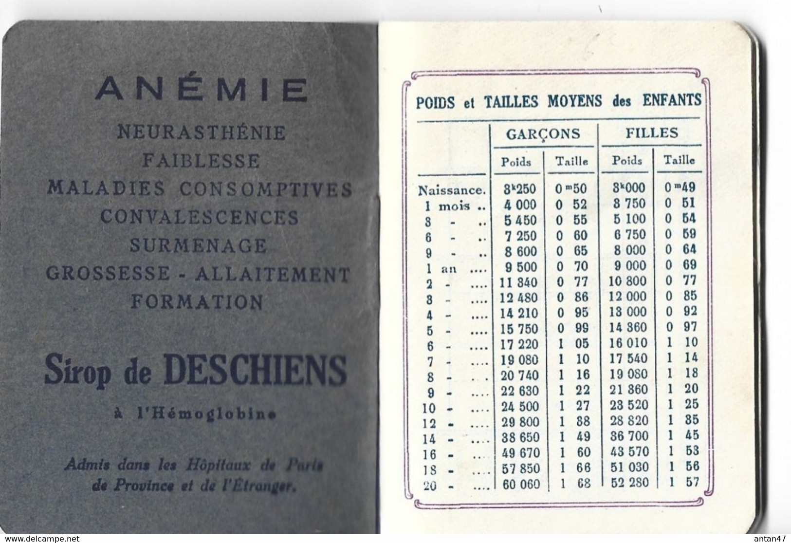 Agenda-Calendrier 1922 (7.5 X6 Cm, 16 Pages) / Poids, Taille, Dentition, Pesées, Hygiène Enfants / Pub Sirop DESCHIENS - Petit Format : 1921-40