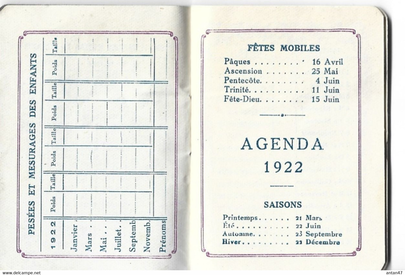 Agenda-Calendrier 1922 (7.5 X6 Cm, 16 Pages) / Poids, Taille, Dentition, Pesées, Hygiène Enfants / Pub Sirop DESCHIENS - Petit Format : 1921-40