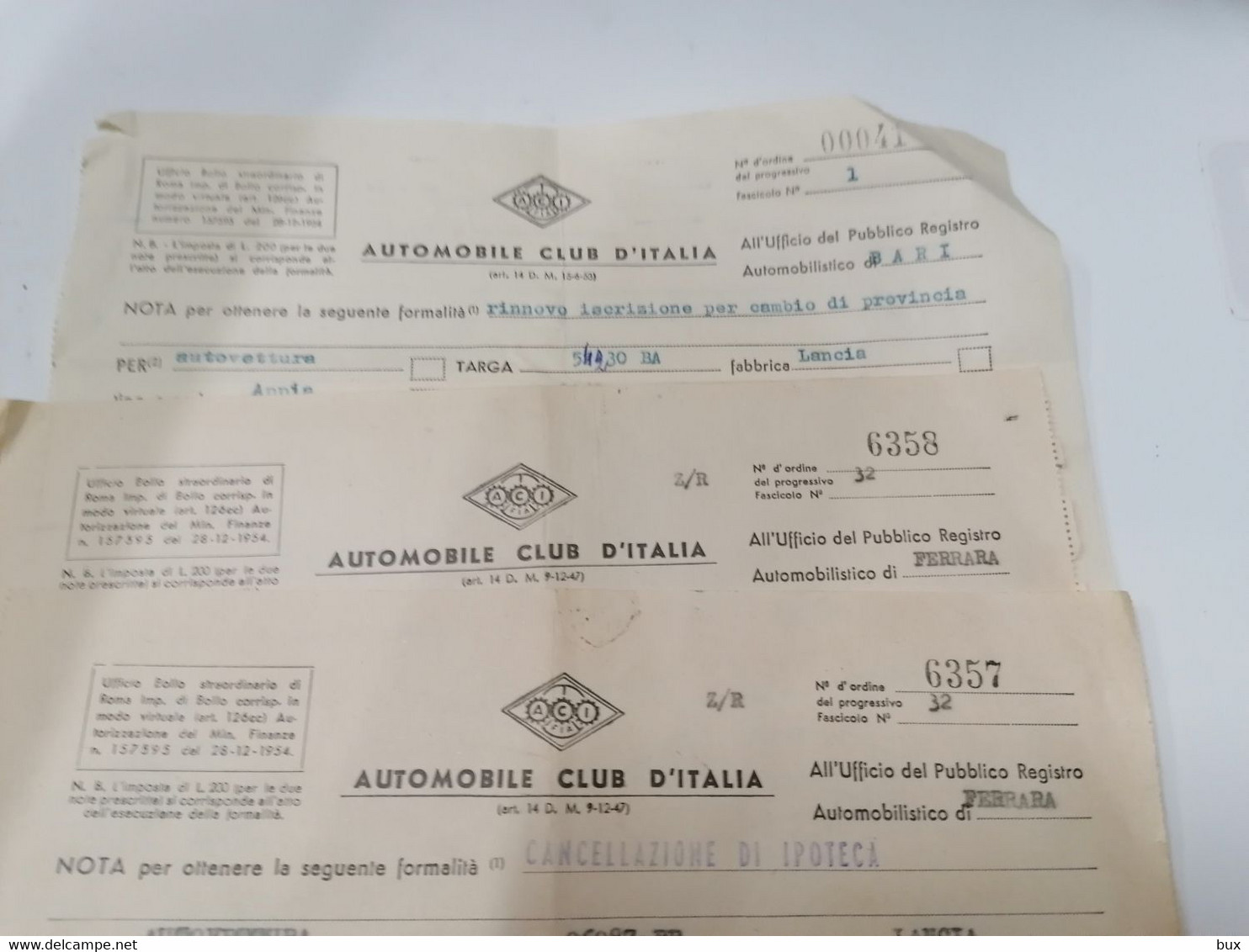 ACI LOTTO DOCUMENTI AUTOMOBILE CLUB AUTO CAR ASSICURAZIONI PIACENZA FERRARA  Cat 4 Pag41 - Transportmiddelen