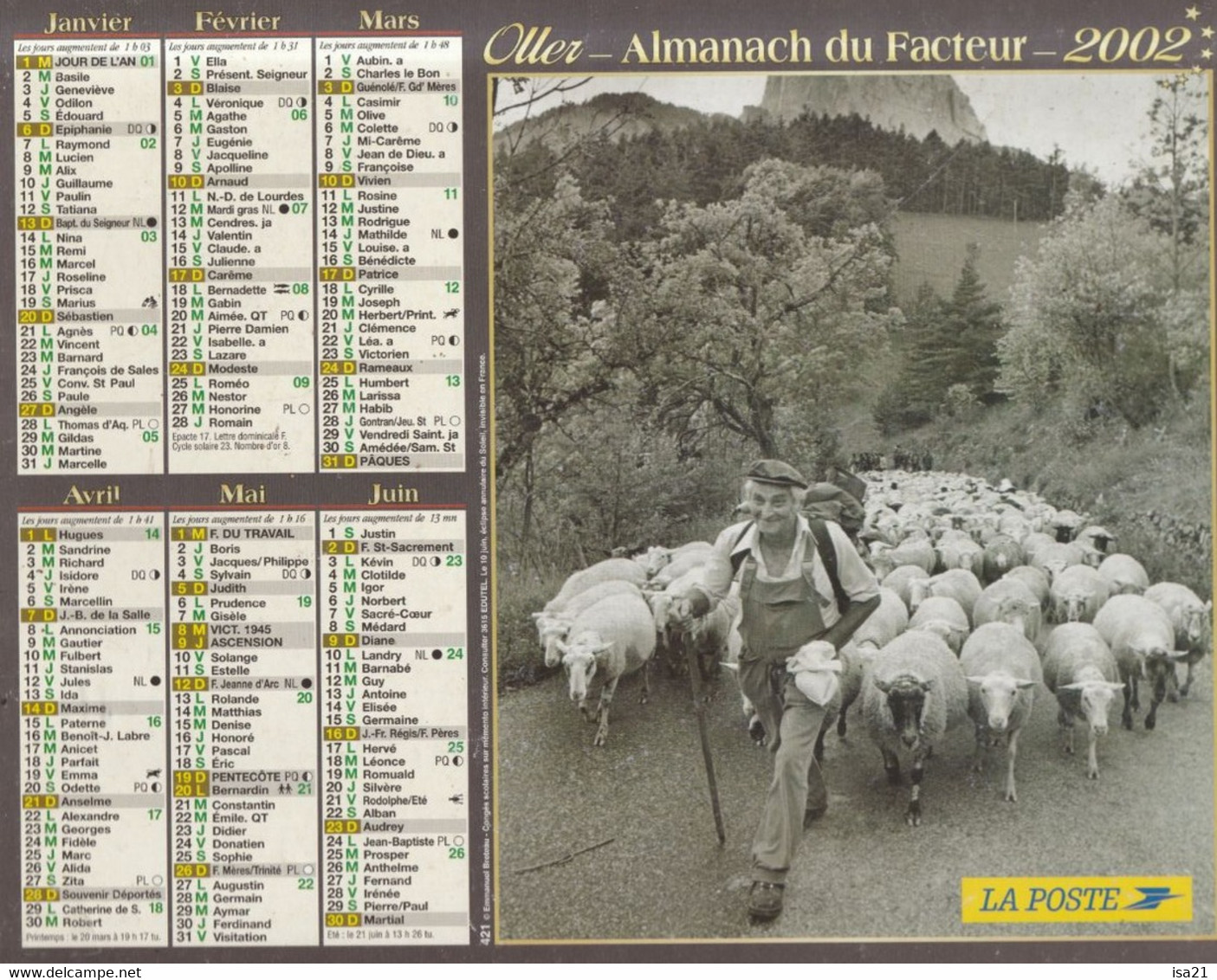 Calendrier De La Poste, Almanach Du Facteur: 2002: Récolte Du Foin, Transhumance, Ed. Oller - Tamaño Grande : 2001-...