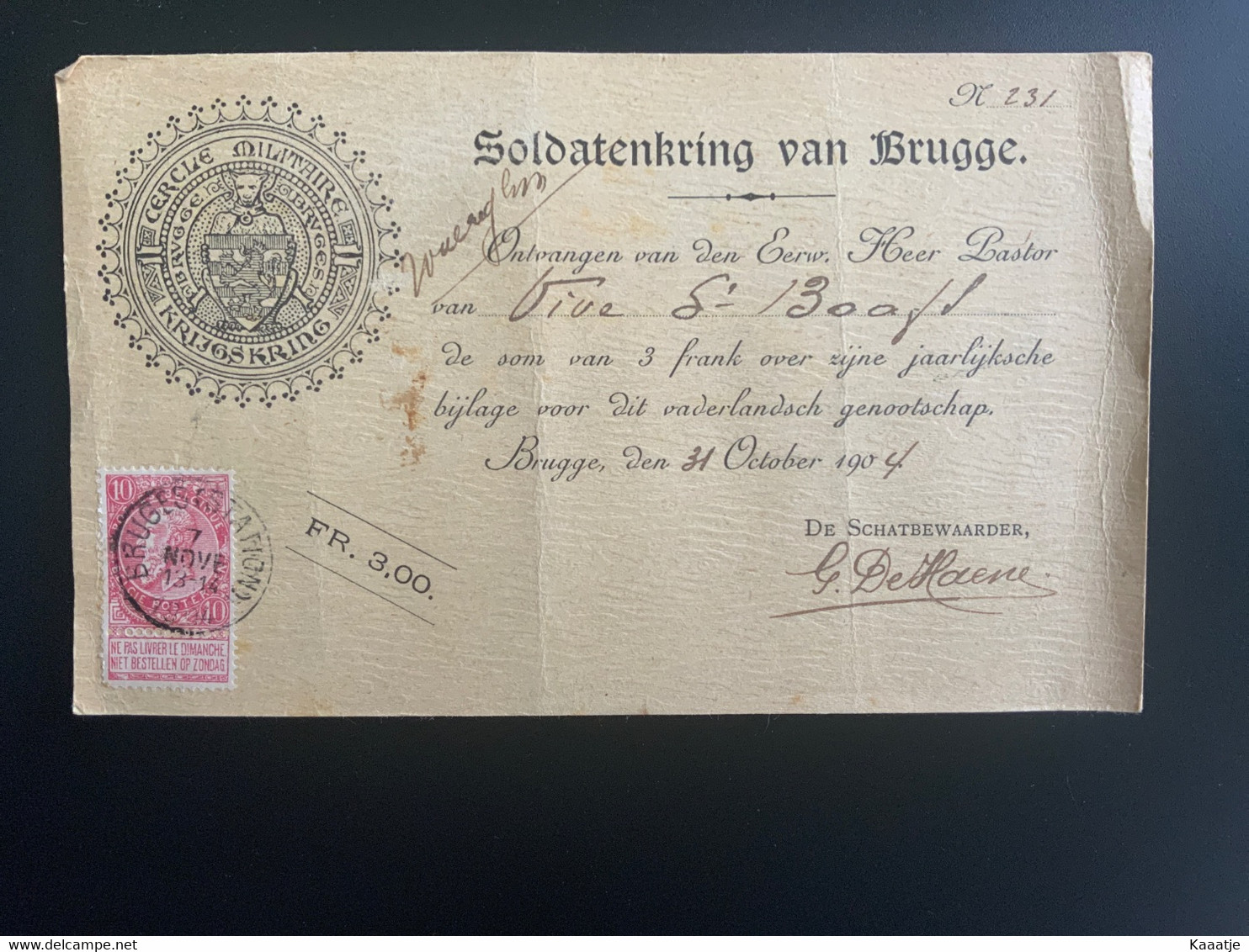 Soldaten Kring Van Brugge - Krijgskring - Jaarlijkse Bijdrage 1904 - Poststempel Brugge - Waregem 1904 - Abarten