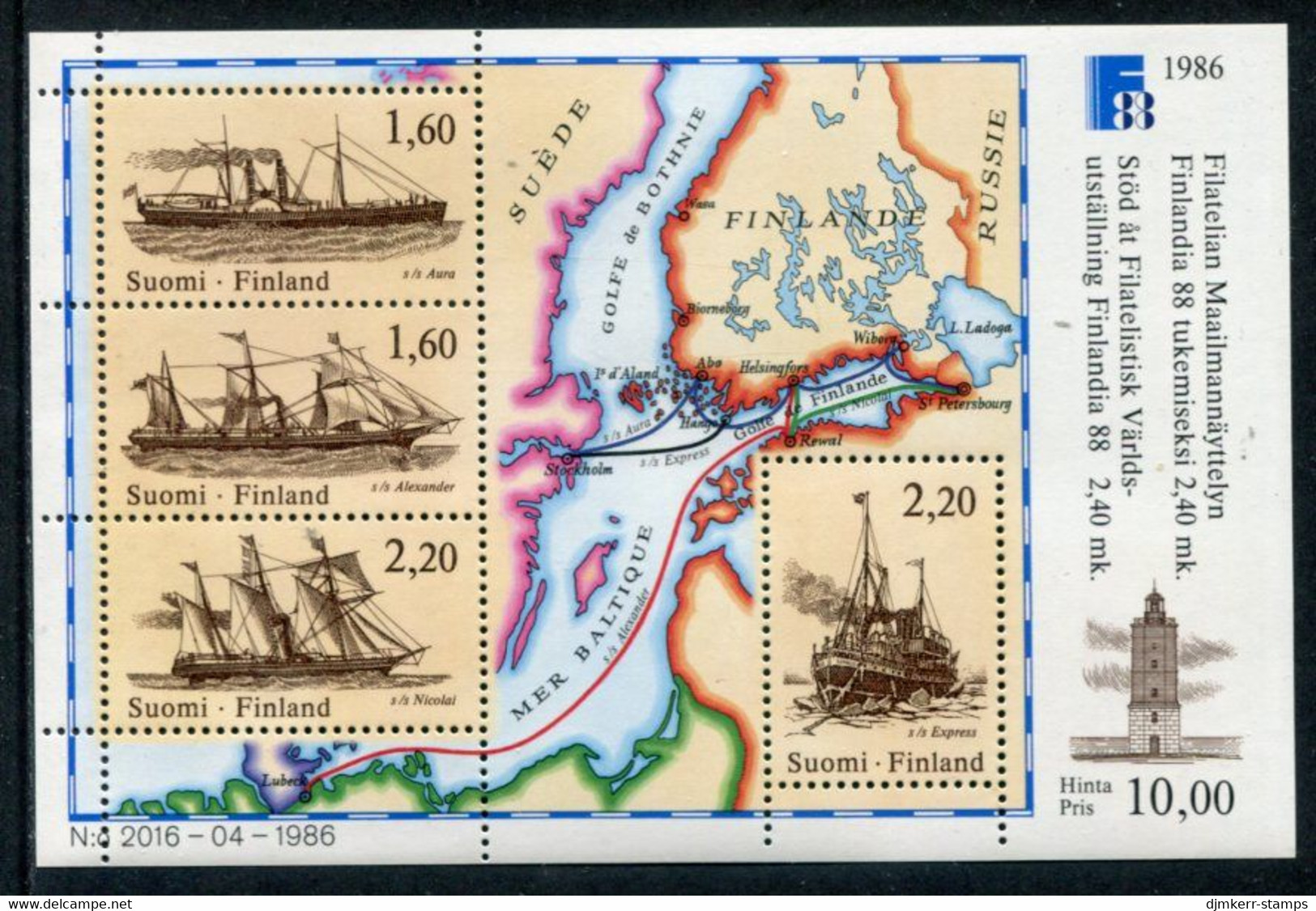 FINLAND 1986 FINLANDIA '88: Mail Ships Block MNH / **.  Michel Block 2 - Unused Stamps