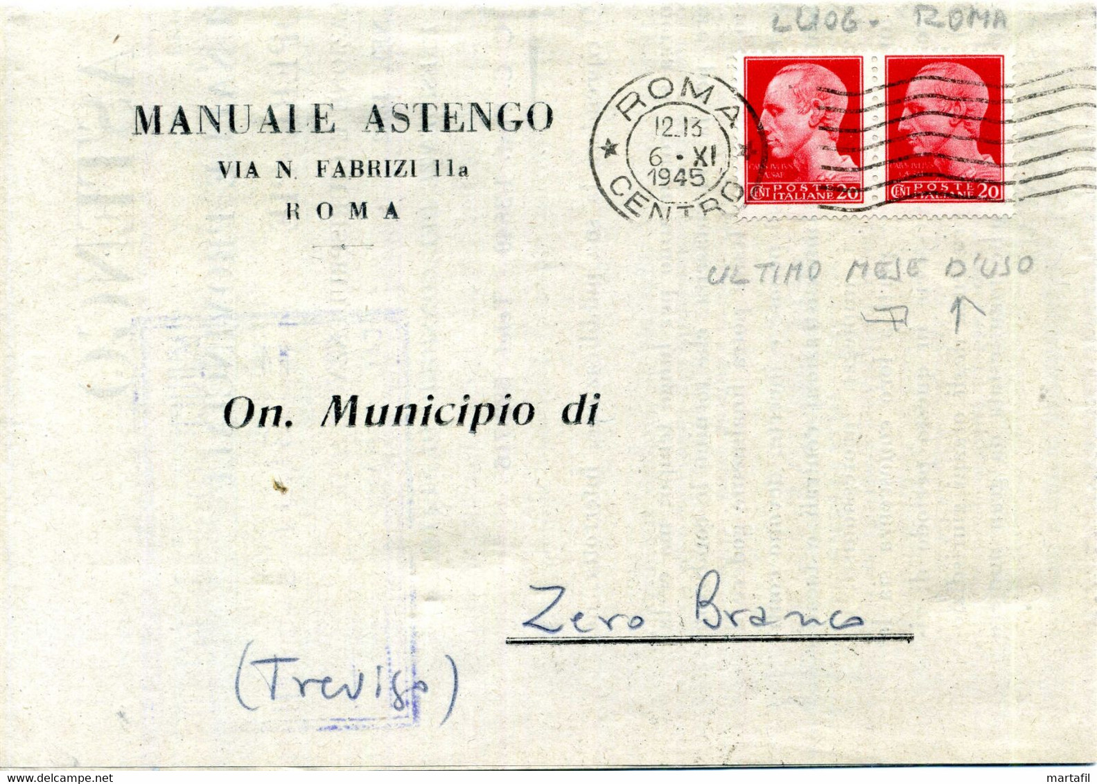 1945 Lettera Al Municipio Di ZERO BRANCO "Manuale Astengo" - Marcofilía
