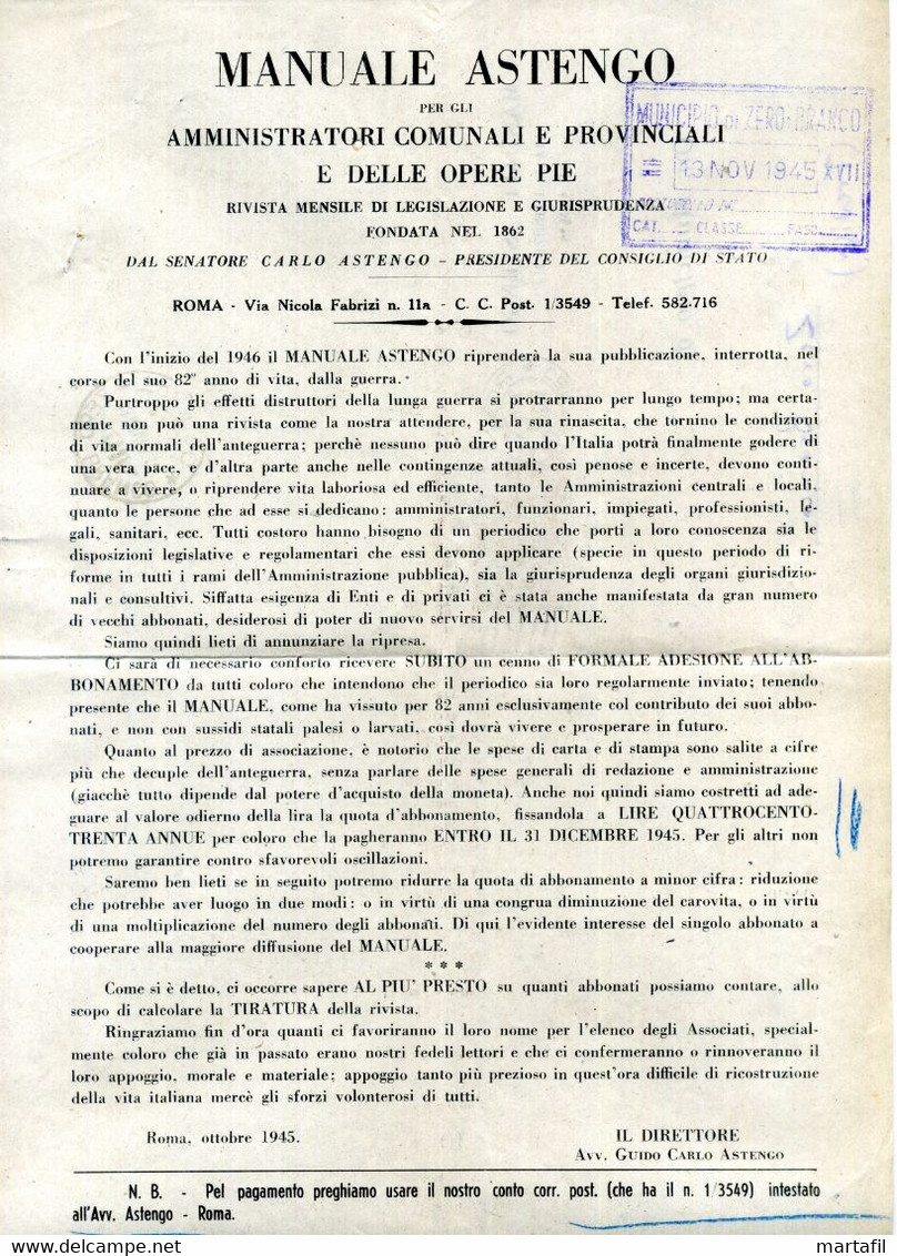 1945 Lettera Al Municipio Di ZERO BRANCO "Manuale Astengo" - Marcofilía