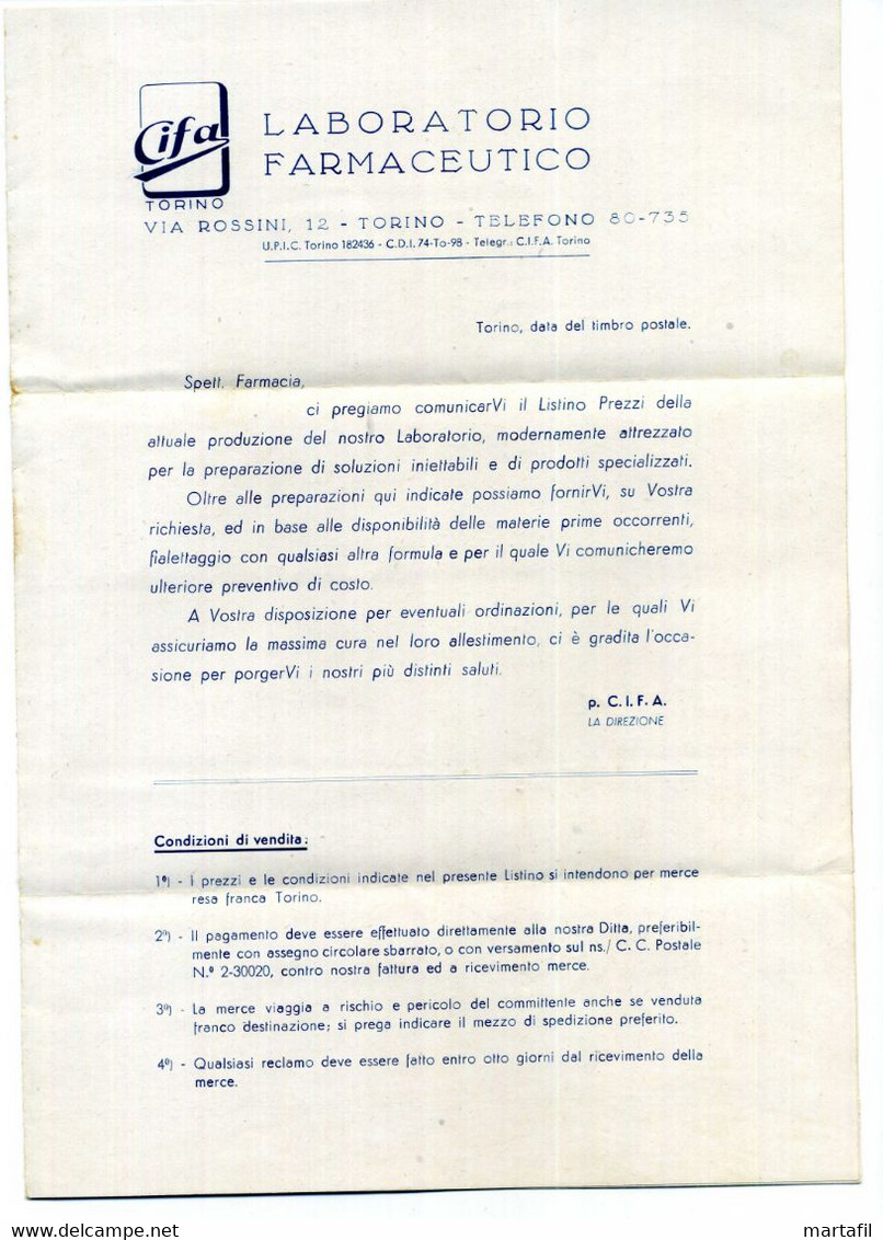 13.4.1946 Lettera Laboratorio Farmaceutico C.I.F.A. Torino Listino Prezzi - Ospedale Di Asolo - Marcophilie