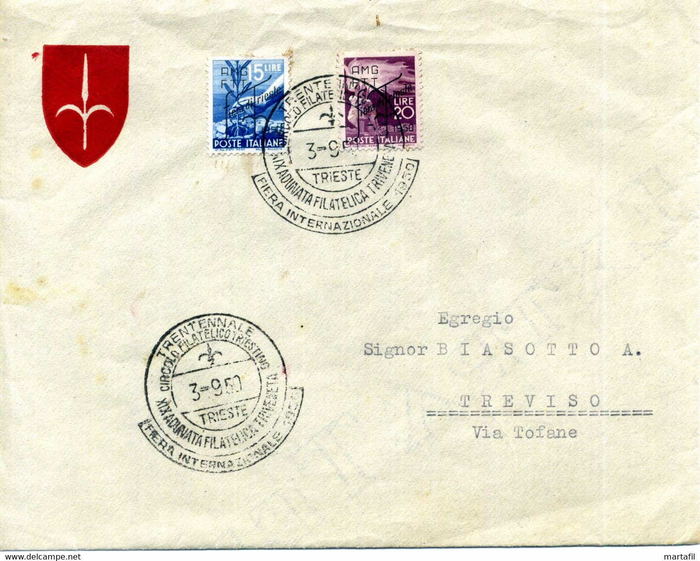 1950 Trieste Busta TRENTENNALE CIRCOLO FILATELICO TRIESTINO XIX ADUNATA FILATELICA FIERA DI TRIESTE - Marcophilie