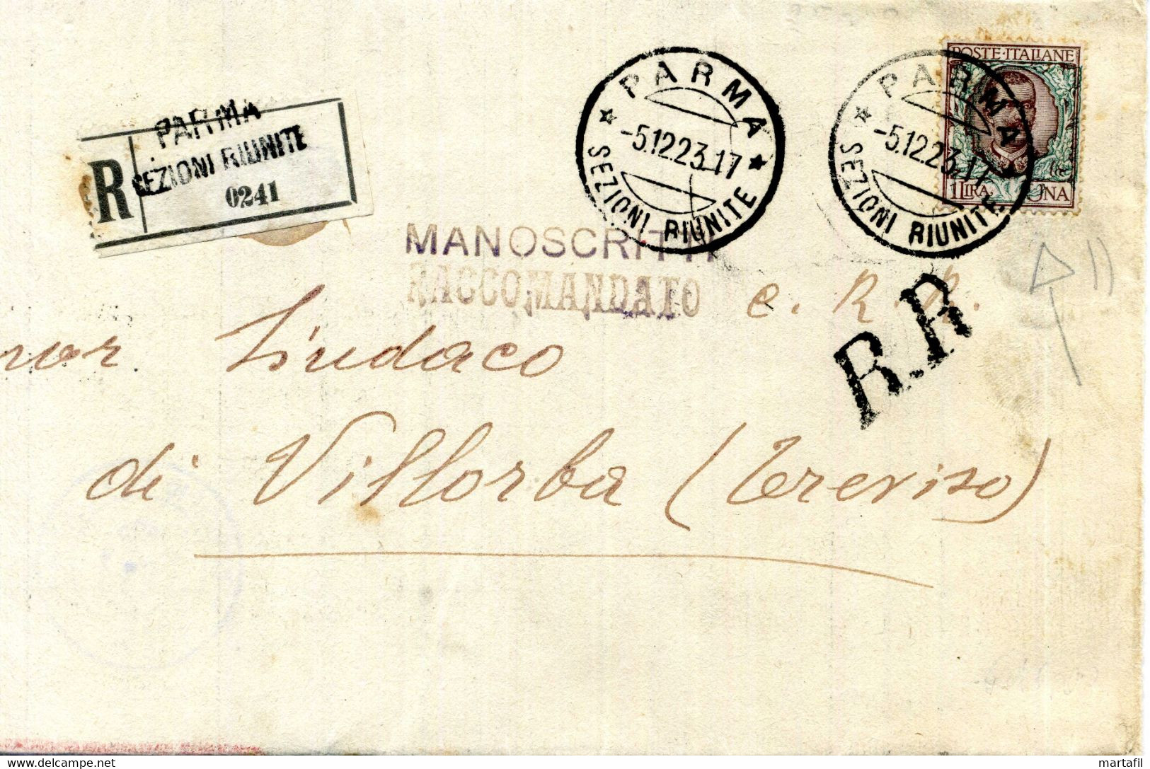 1923 Lettera Per VILLORBA (TREVISO) Da Parma Sezioni Riunite Affr. 1 Lira VARIETA' Ornato Spostato - Marcofilie